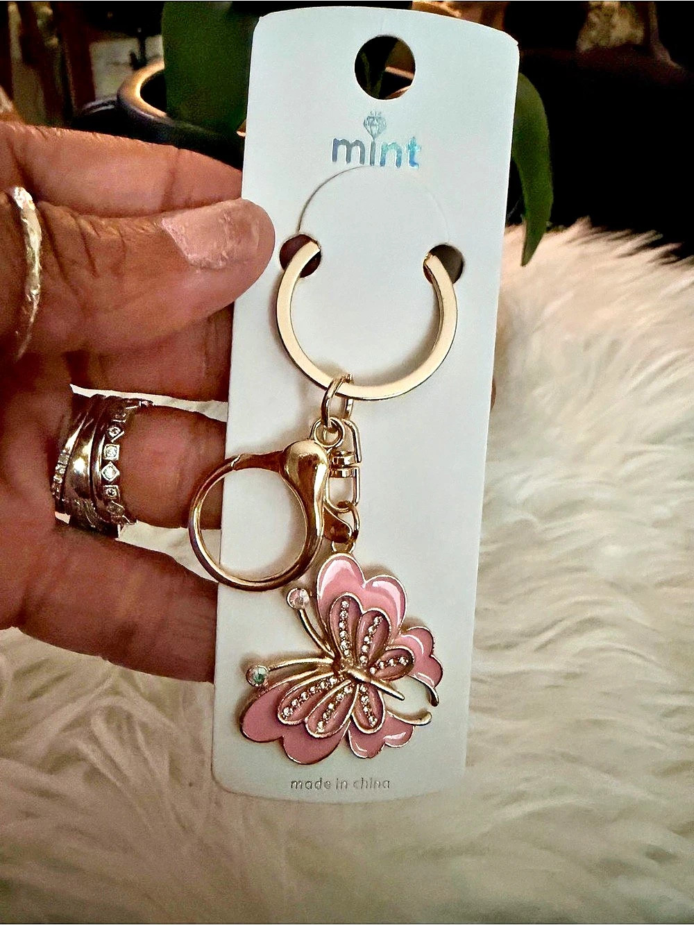 mint Pink Jeweled Butterfly Charm Keychain Gold & Pink